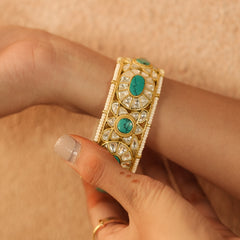 Turquoise ans White Colour Gold Plated Jadau Kundan Thappa Bangle