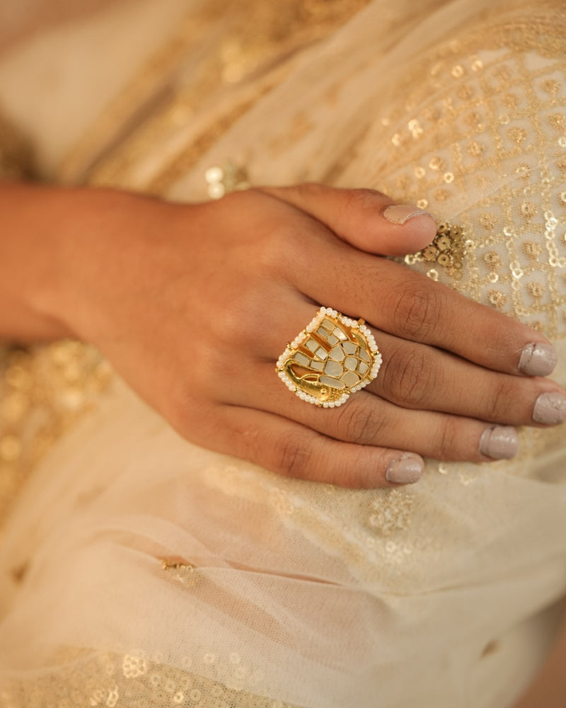 White Colour Gold Plated Jadau Kundan Elephant Motif Ring