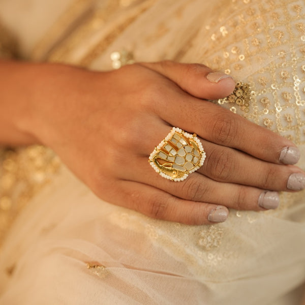 White Colour Gold Plated Jadau Kundan Elephant Motif Ring