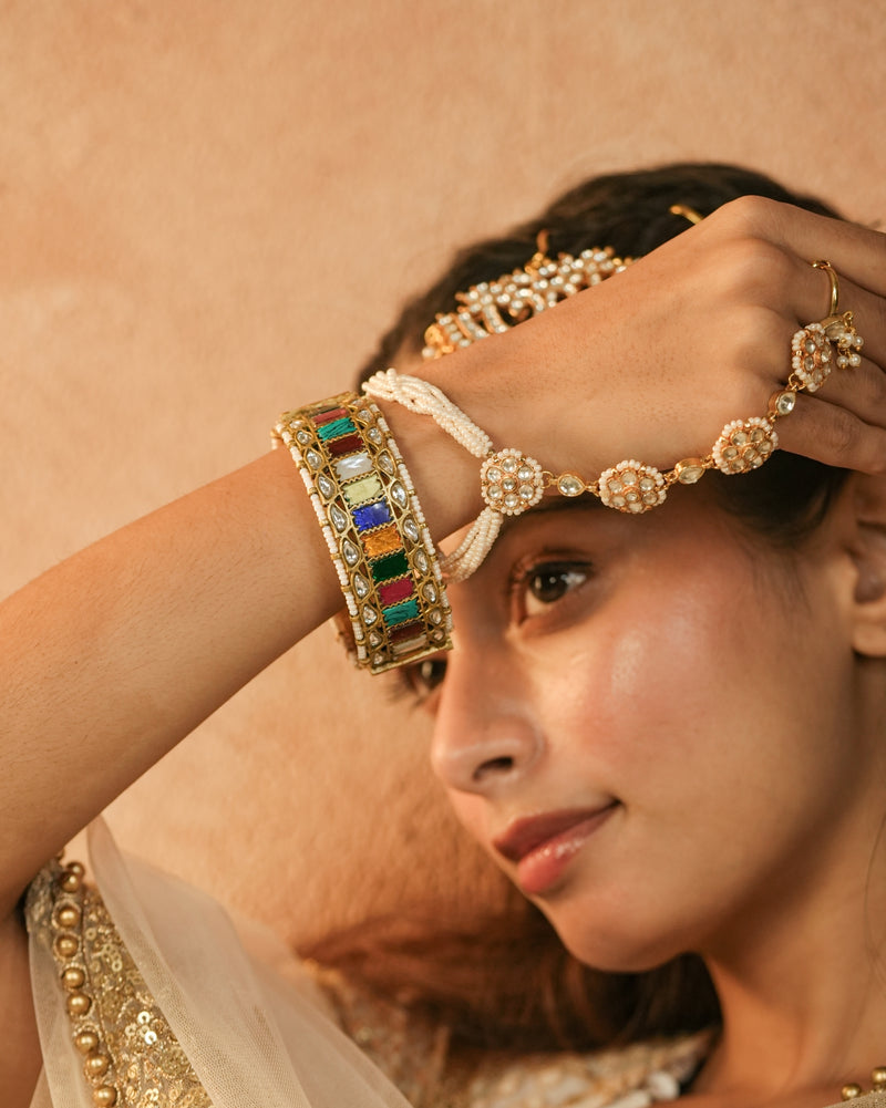 MDB1253 - Multi Colour Gold Plated Jadau Kundan Thappa Bangle