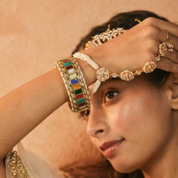 Multi Colour Gold Plated Jadau Kundan Thappa Bangle