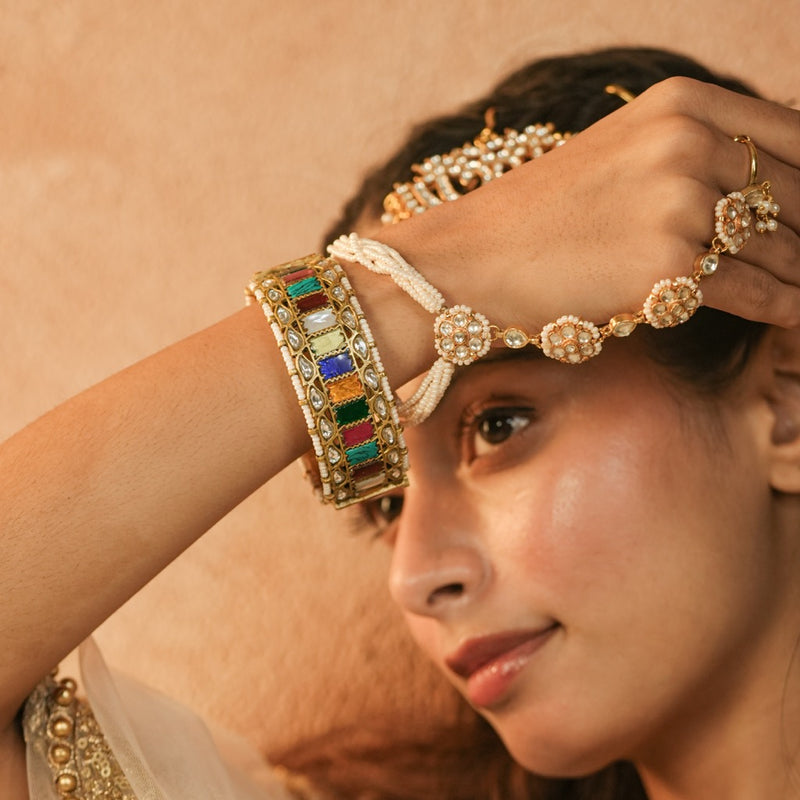 Multi Colour Gold Plated Jadau Kundan Thappa Bangle
