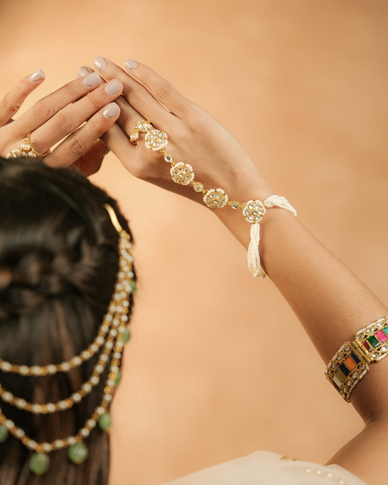 MDHP1252 - White Colour Gold Plated Jadau Kundan Flower Motif Hathphool