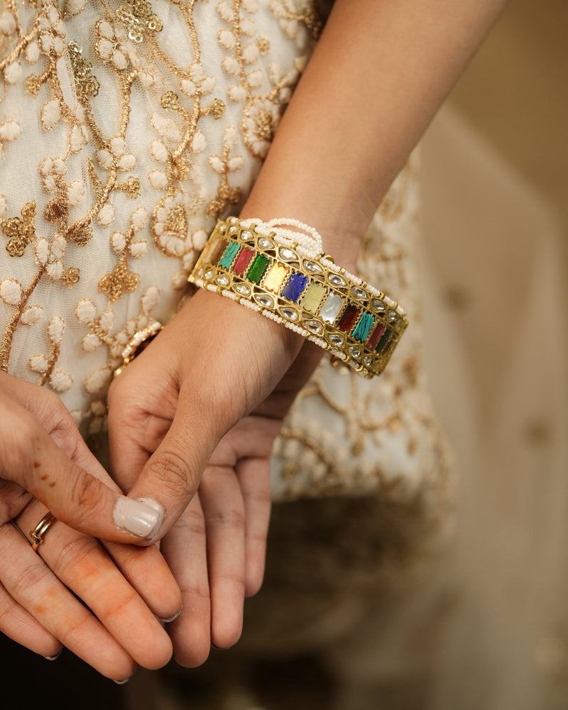 MDB1253 - Multi Colour Gold Plated Jadau Kundan Thappa Bangle