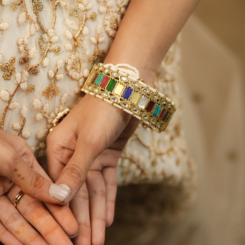 Multi Colour Gold Plated Jadau Kundan Thappa Bangle