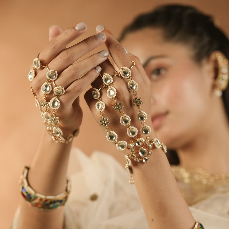 White Colour Gold Plated Jadau Kundan Hathphool