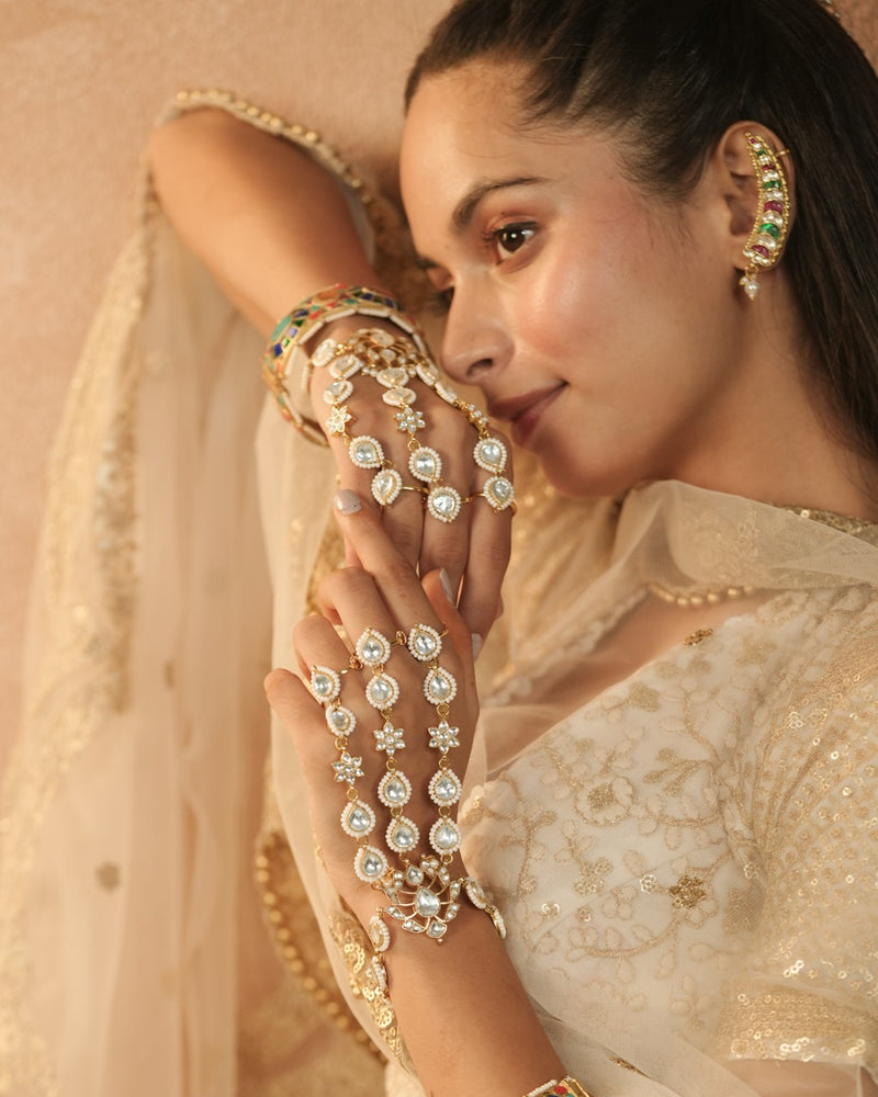 White Colour Gold Plated Jadau Kundan Hathphool