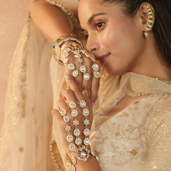 White Colour Gold Plated Jadau Kundan Hathphool