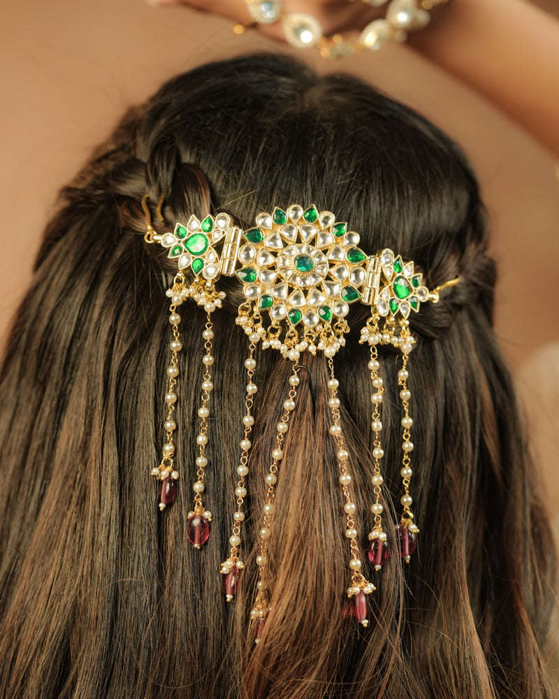 Greena nd White Colour Gold Plated Jadau Kundan Braid