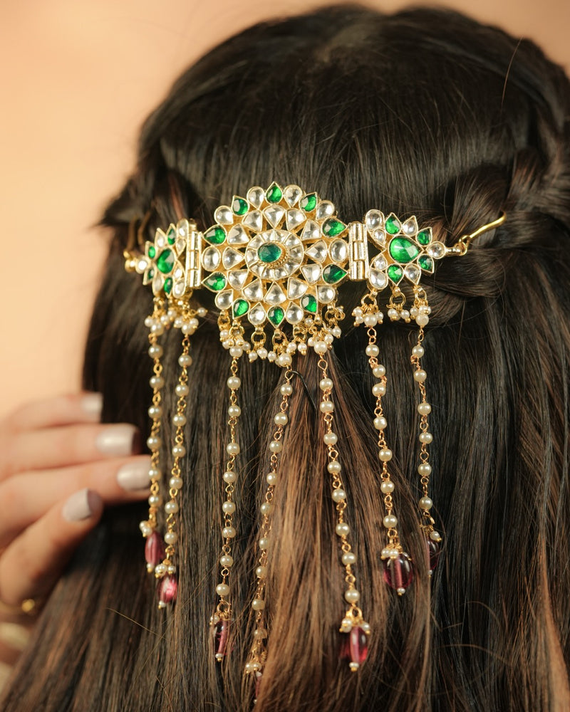 Greena nd White Colour Gold Plated Jadau Kundan Braid