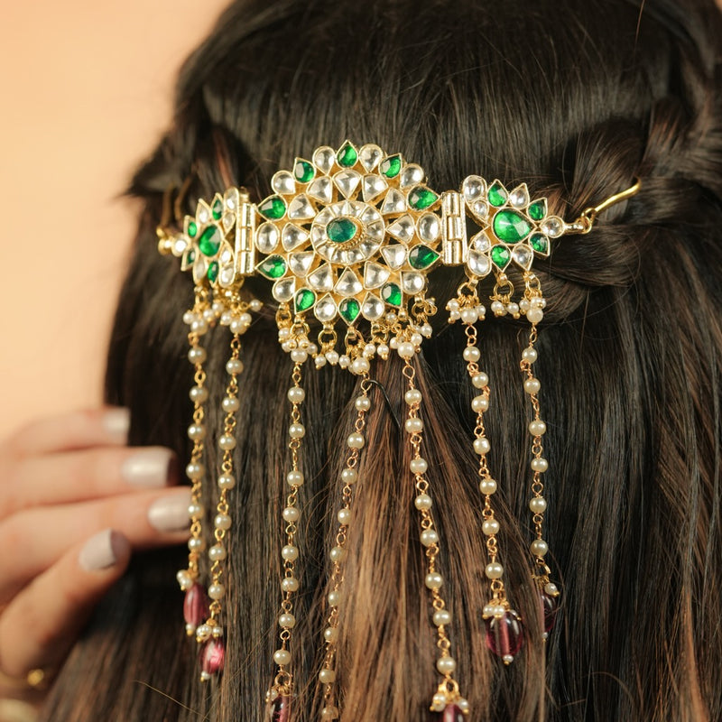 Greena nd White Colour Gold Plated Jadau Kundan Braid