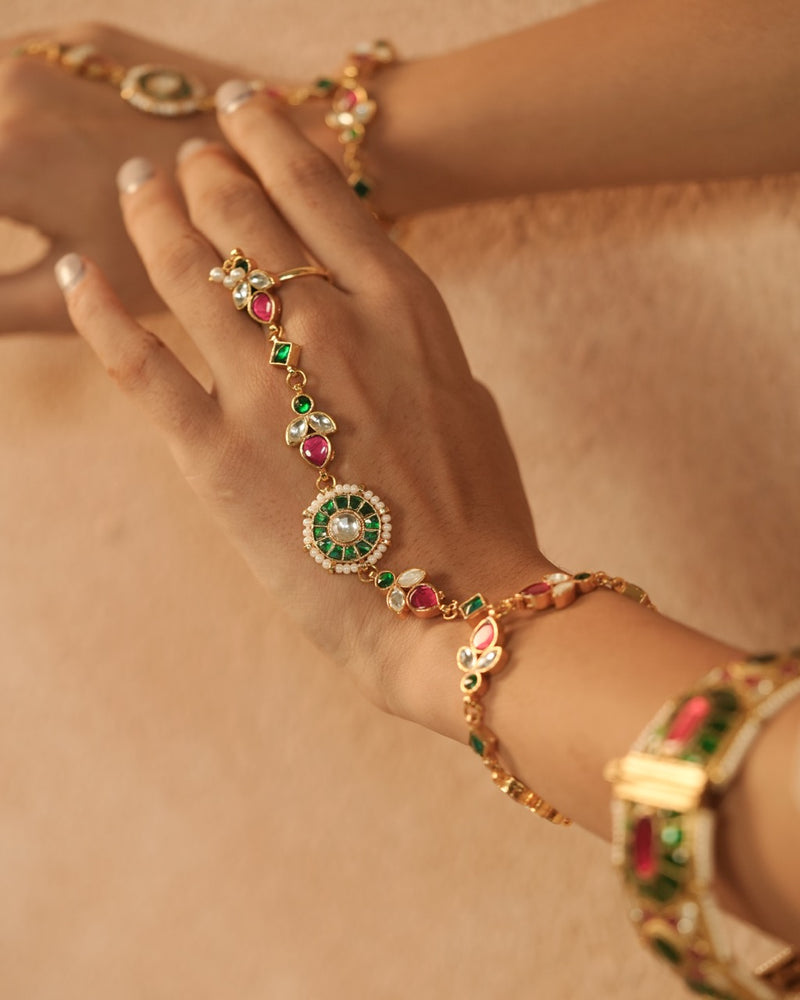 Multi Colour Gold Plated Jadau Kundan Hathphool