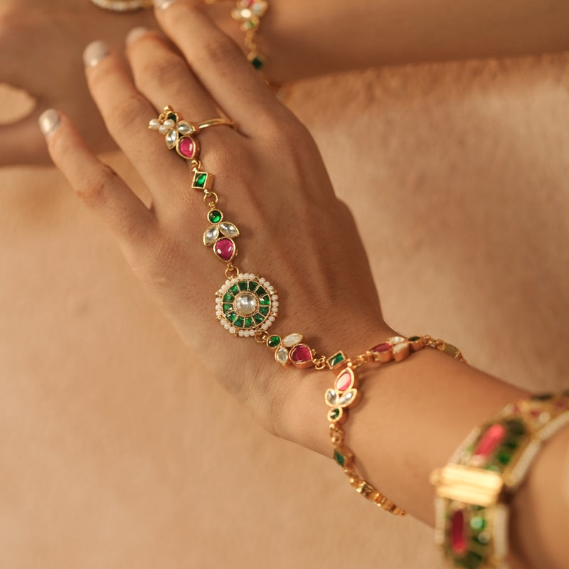 Multi Colour Gold Plated Jadau Kundan Hathphool