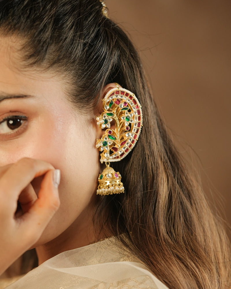 Multi Colour Gold Plated Jadau Kundan Earcuff with Jhumki