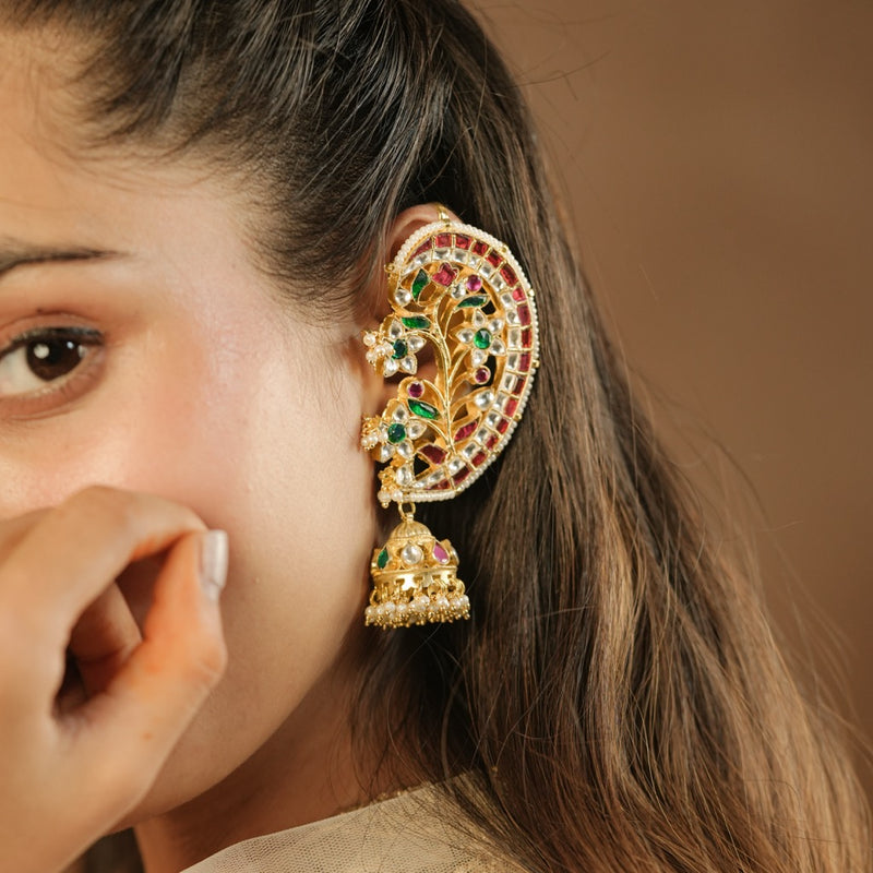 Multi Colour Gold Plated Jadau Kundan Earcuff with Jhumki
