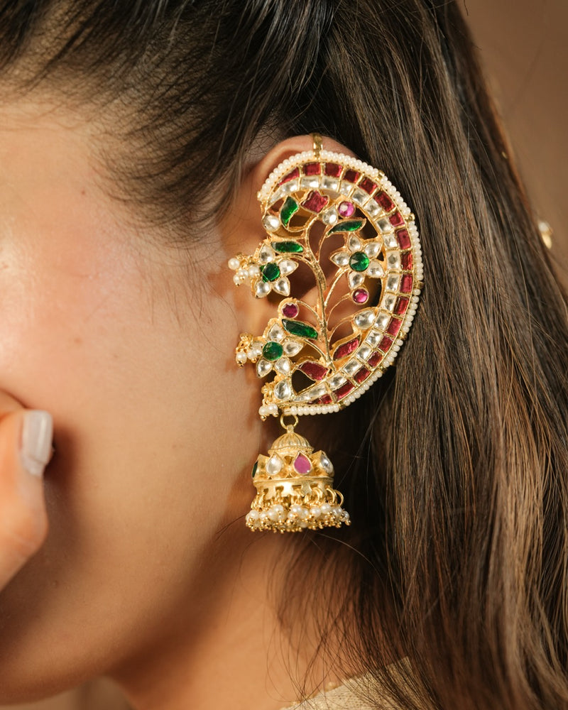 Multi Colour Gold Plated Jadau Kundan Earcuff with Jhumki