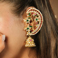 Multi Colour Gold Plated Jadau Kundan Earcuff with Jhumki