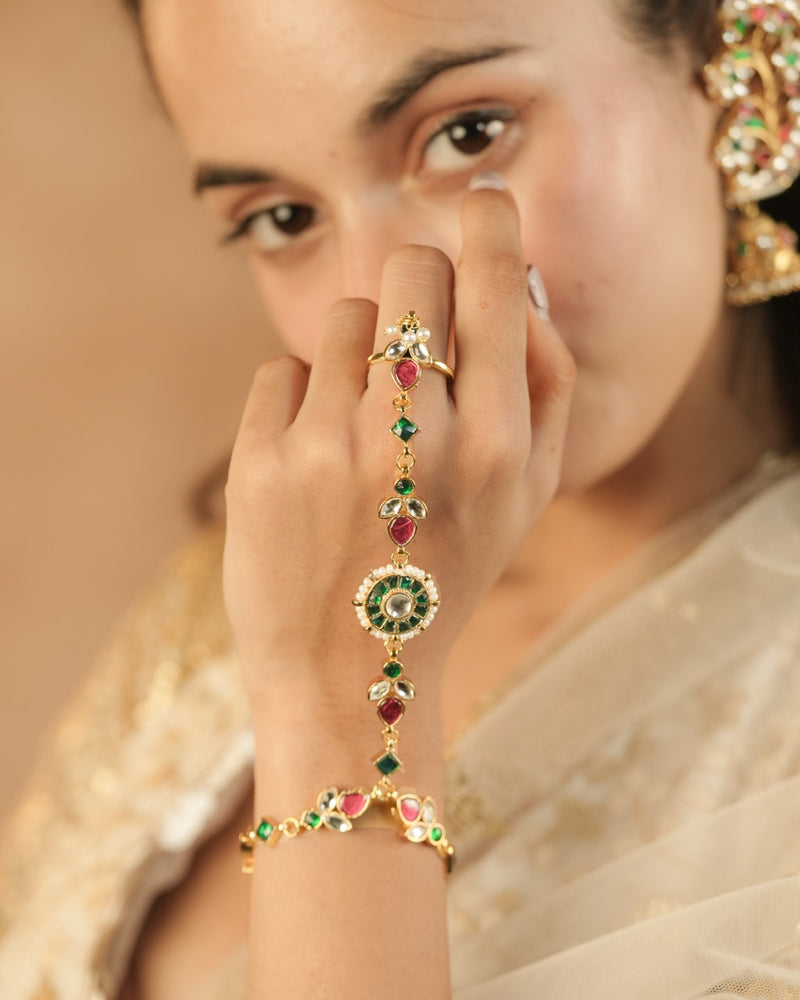 Multi Colour Gold Plated Jadau Kundan Hathphool