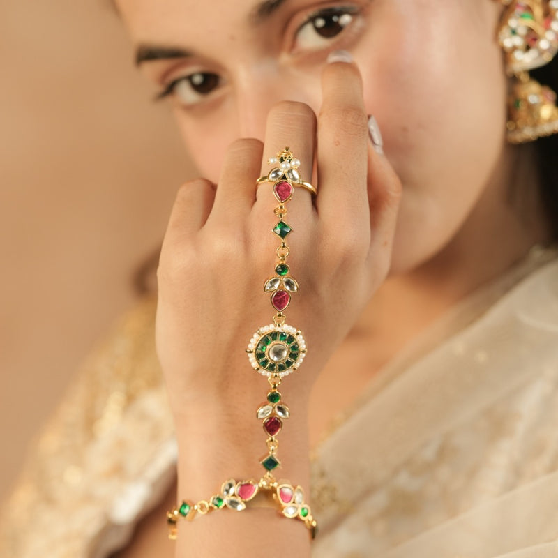 Multi Colour Gold Plated Jadau Kundan Hathphool