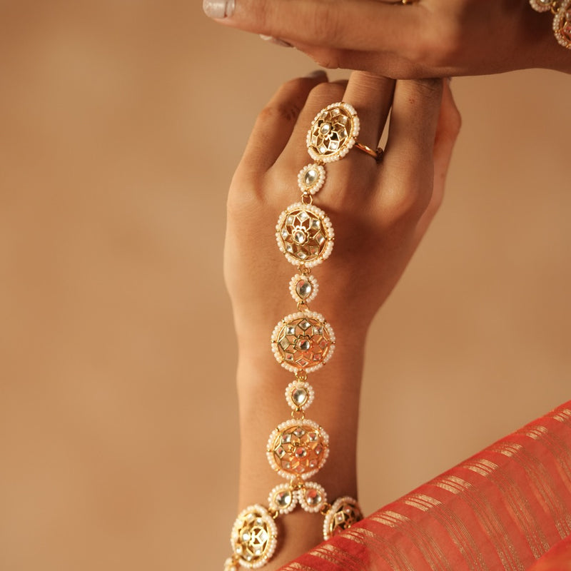 White Colour Gold Plated Jadau Kundan Hathphool