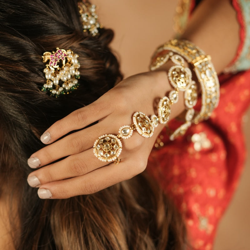White Colour Gold Plated Jadau Kundan Hathphool