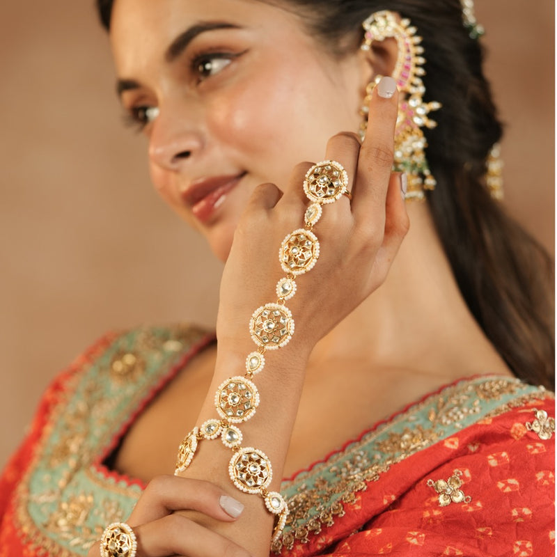 White Colour Gold Plated Jadau Kundan Hathphool