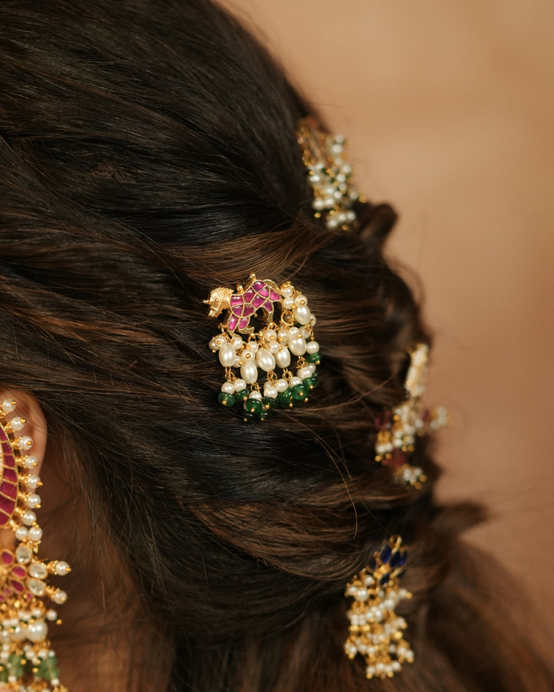 MDBR1248 - Pink and Green Colour Horse Motif Gold Plated Jadau Kundan Juda Pin