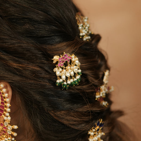 MDBR1248 - Pink and Green Colour Horse Motif Gold Plated Jadau Kundan Juda Pin