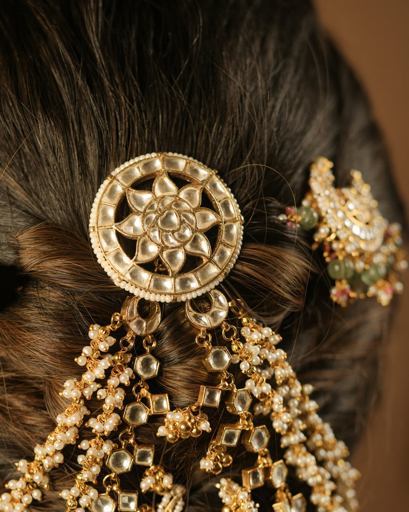 MDBR1256 - White Colour Gold Plated Jadau Kundan Juda Pin