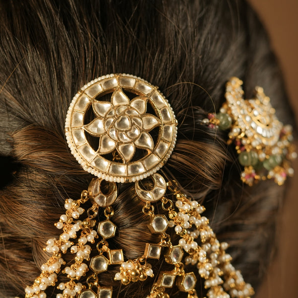 MDBR1256 - White Colour Gold Plated Jadau Kundan Juda Pin