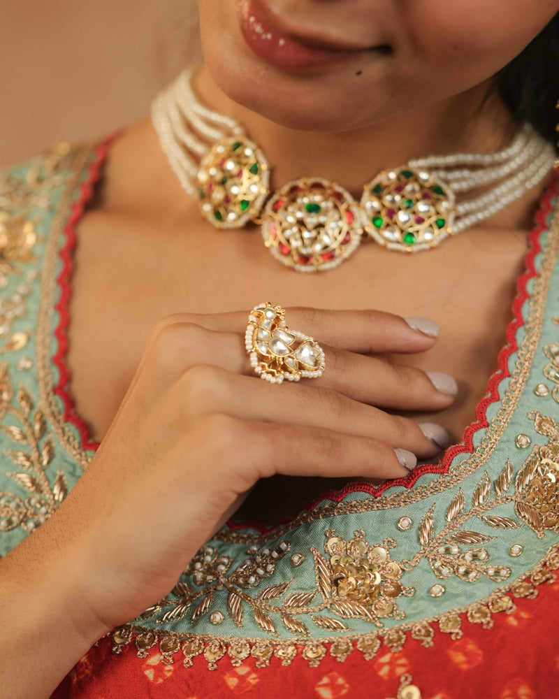 White Colour Gold Plated Jadau Kundan Peacock Motif Ring