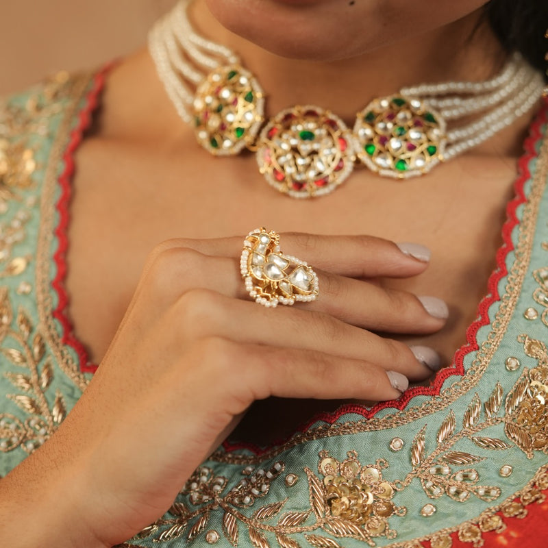 White Colour Gold Plated Jadau Kundan Peacock Motif Ring