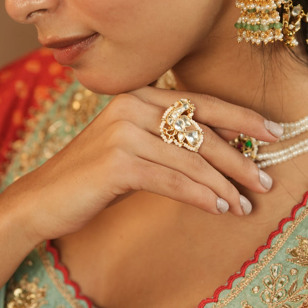 White Colour Gold Plated Jadau Kundan Peacock Motif Ring