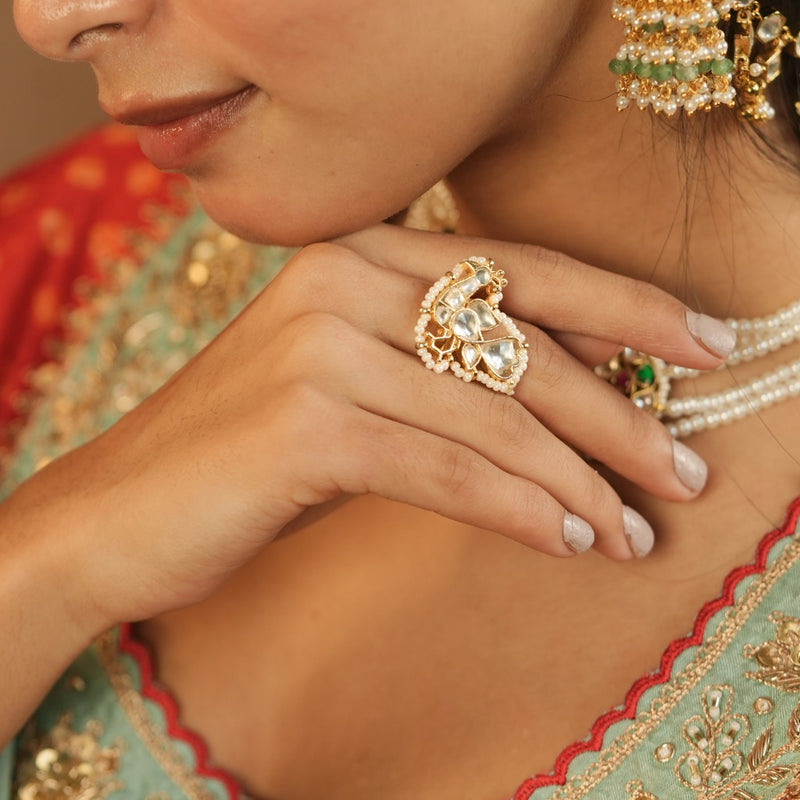 White Colour Gold Plated Jadau Kundan Peacock Motif Ring