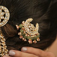 Multi Colour Gold Plated Jadau Kundan Chaand Motif Juda Pin