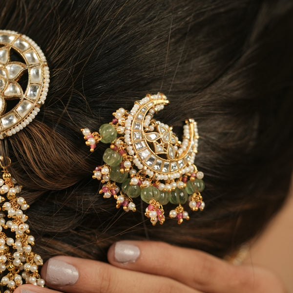 Multi Colour Gold Plated Jadau Kundan Chaand Motif Juda Pin
