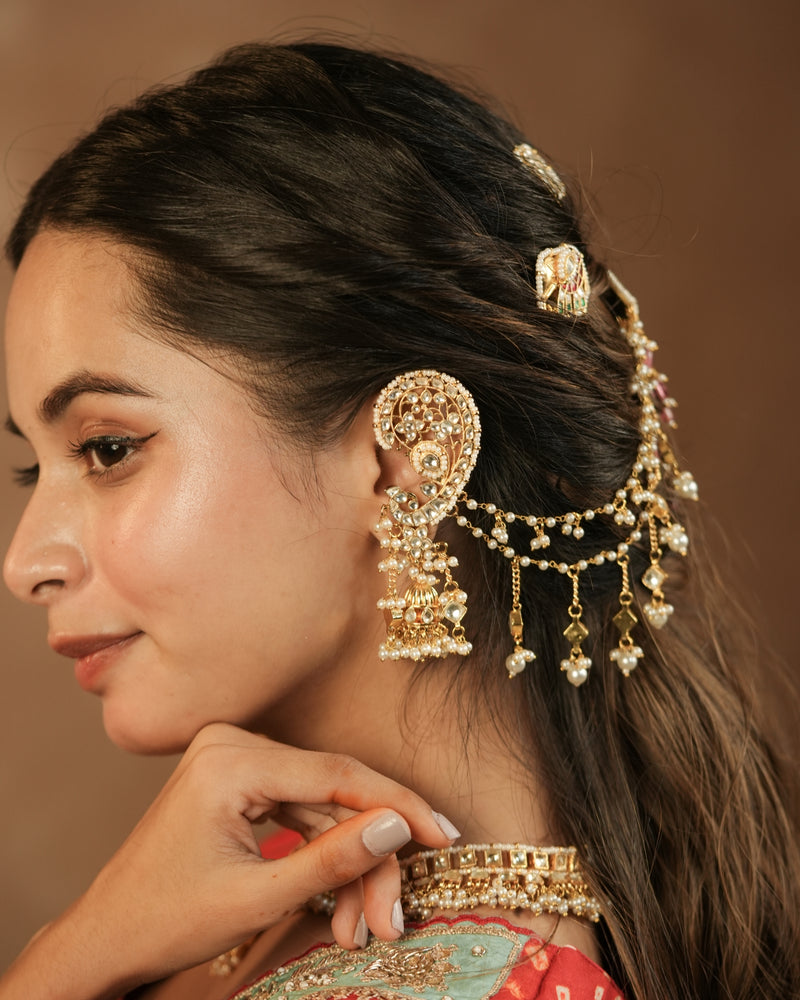 MDE1258 - White Colour Gold Plated Jadau Kundan Earcuff with Jhumki