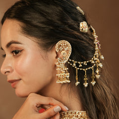 MDE1258 - White Colour Gold Plated Jadau Kundan Earcuff with Jhumki