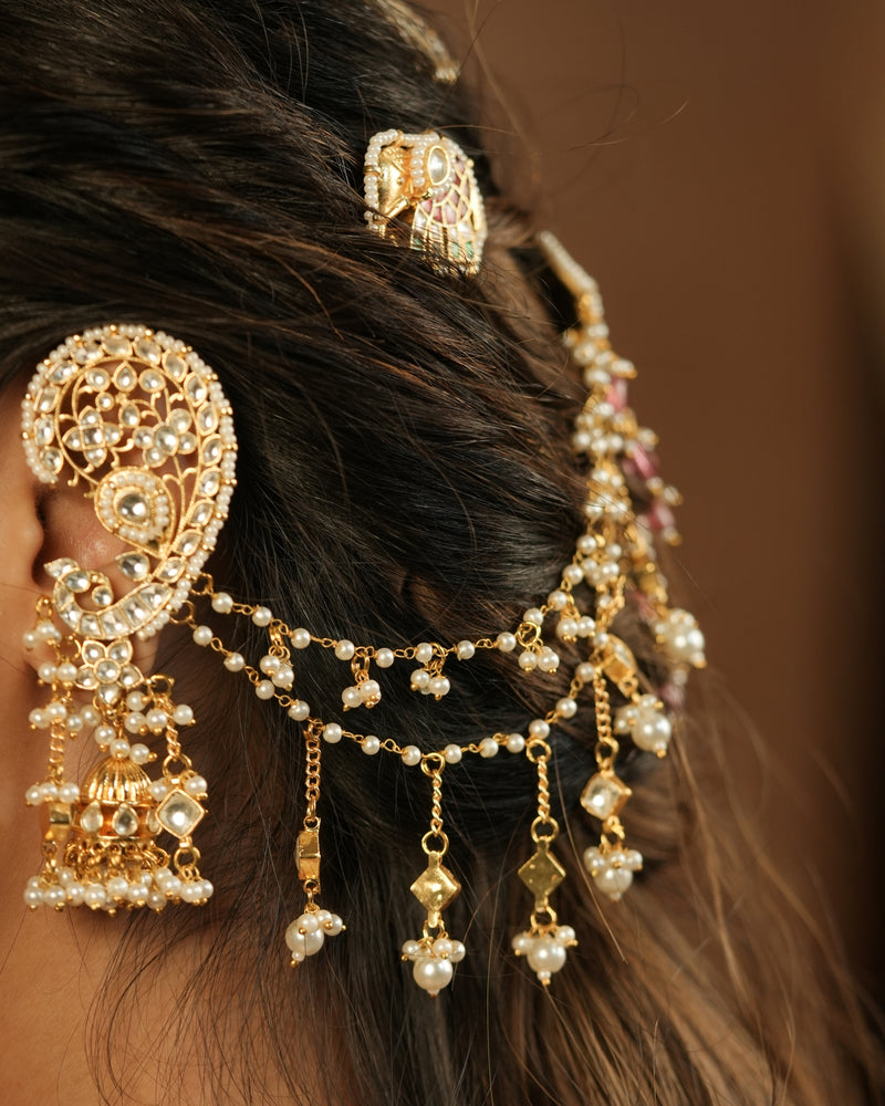 MDE1258 - White Colour Gold Plated Jadau Kundan Earcuff with Jhumki