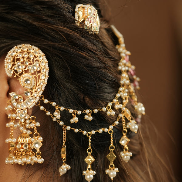 MDE1258 - White Colour Gold Plated Jadau Kundan Earcuff with Jhumki