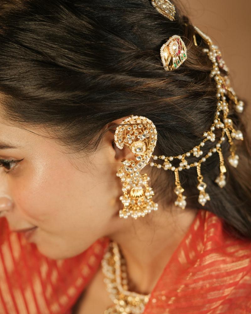 MDE1258 - White Colour Gold Plated Jadau Kundan Earcuff with Jhumki