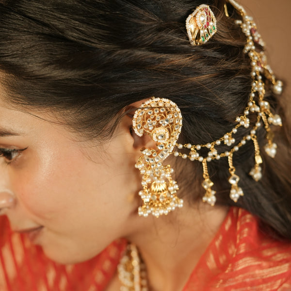 MDE1258 - White Colour Gold Plated Jadau Kundan Earcuff with Jhumki