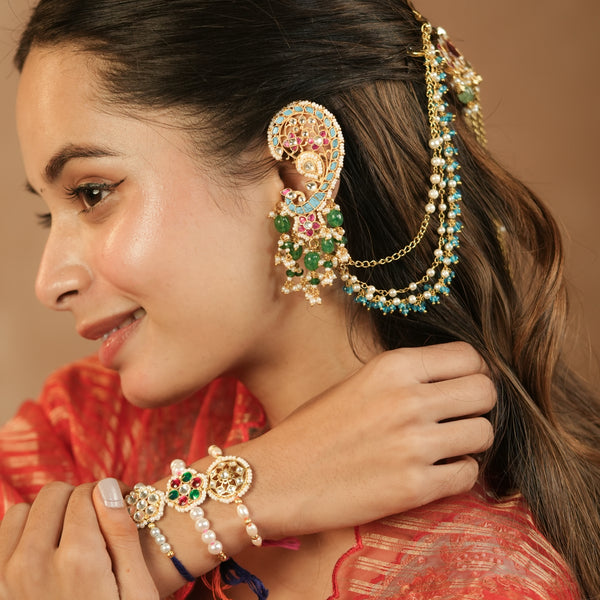 MDE1264 - Firoza and White Colour Gold Plated Jadau Kundan Kaanchain