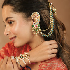 Multi Colour Gold Plated Jadau Kundan Flower Motif Thread Rakhi