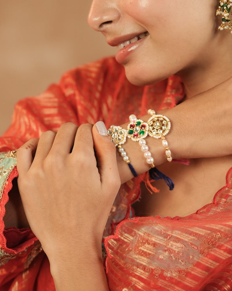 White Colour Gold Plated Jadau Kundan Thread Rakhi