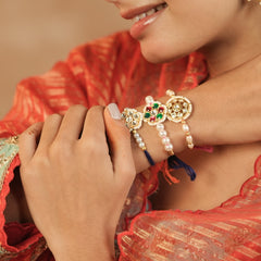Multi Colour Gold Plated Jadau Kundan Flower Motif Thread Rakhi