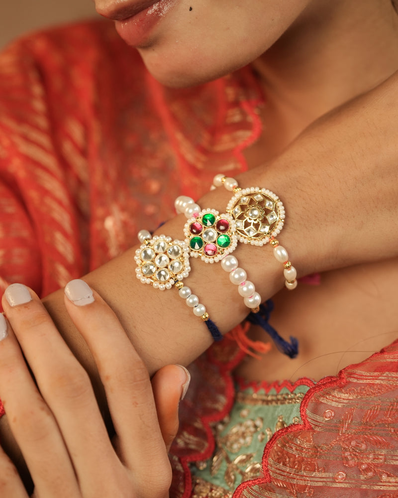 MDRB1262 - Multi Colour Gold Plated Jadau Kundan Flower Motif Thread Rakhi