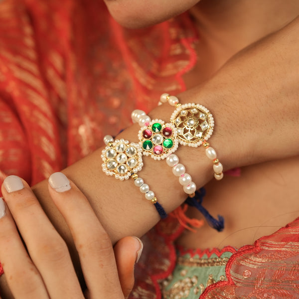 MDRB1262 - Multi Colour Gold Plated Jadau Kundan Flower Motif Thread Rakhi