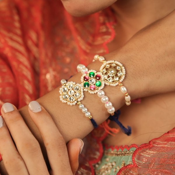 White Colour Gold Plated Jadau Kundan Flower Motif Thread Rakhi