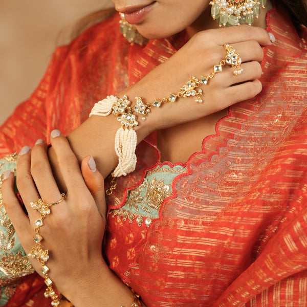 MDHP1266 - White Colour Gold Plated Jadau Kundan Hathphool
